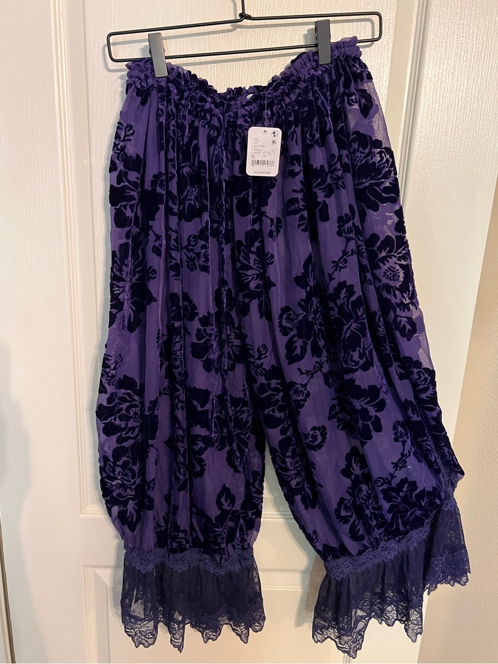 Purple Floral Velvet Burnout Bloomers - Women Pants & Jumpsuits